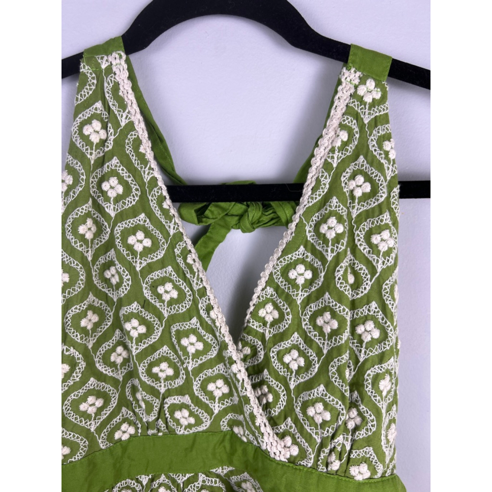 Simply EnVogue Embroidered Halter Top /Mini Dress– Green/White 100% Cotton S/M - Picture 2 of 6